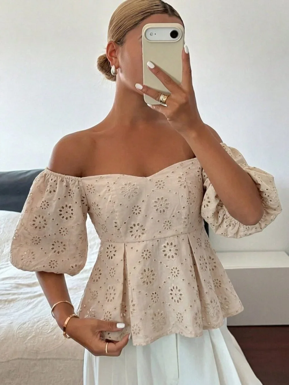 Khaki Boho Women's Elegant Off-Shoulder Puff Sleeve Lace Top